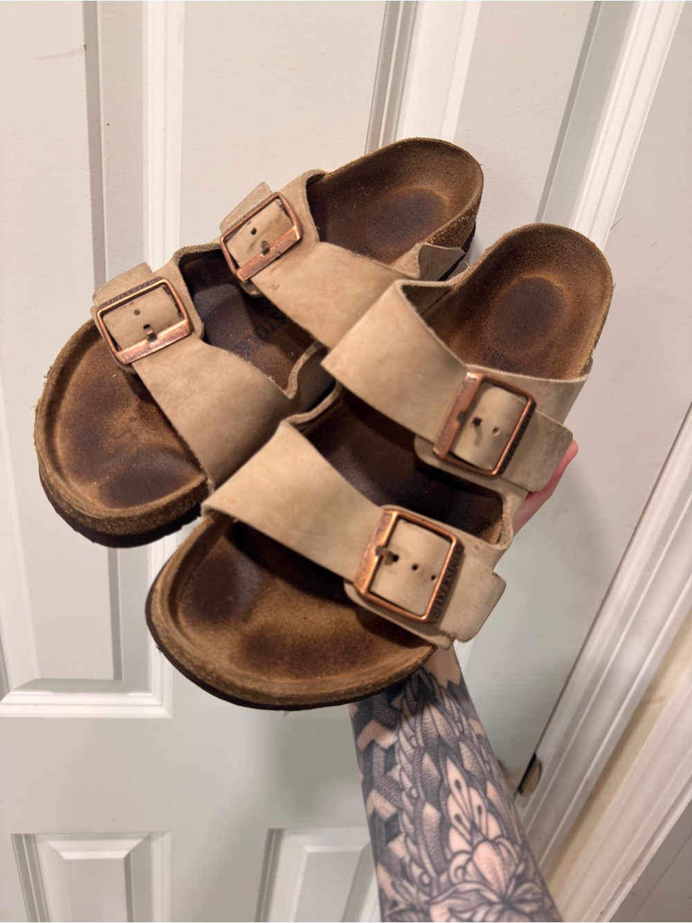 Birkenstock Two-Strap Mules in Beige with Copper Buckles